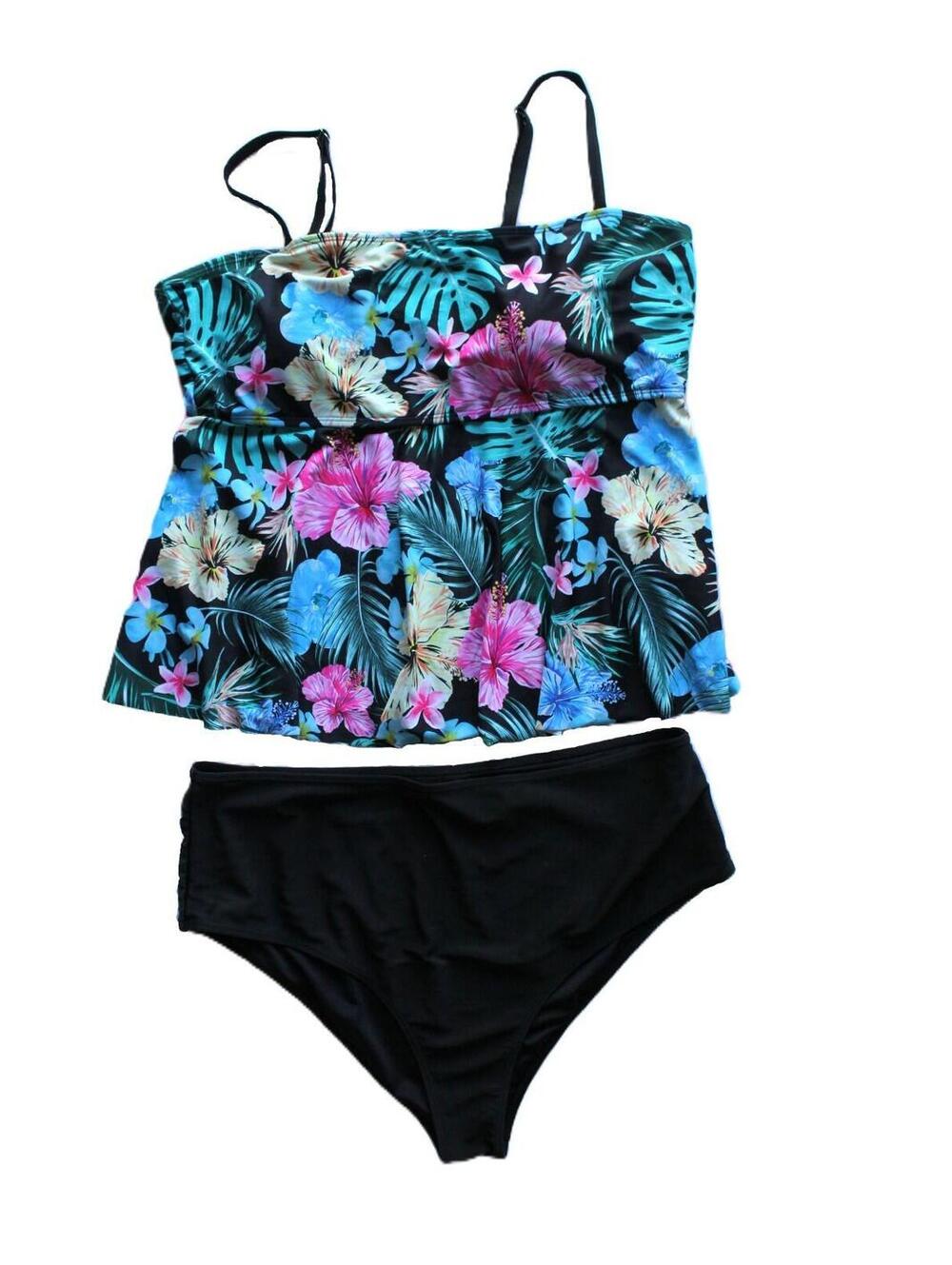 Tankini Swimsuit Set Womens 4XL Black Tropical High Waist 2 Piece